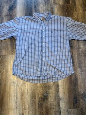 Men's Blue Plaid Button-Down Shirt  with red accent